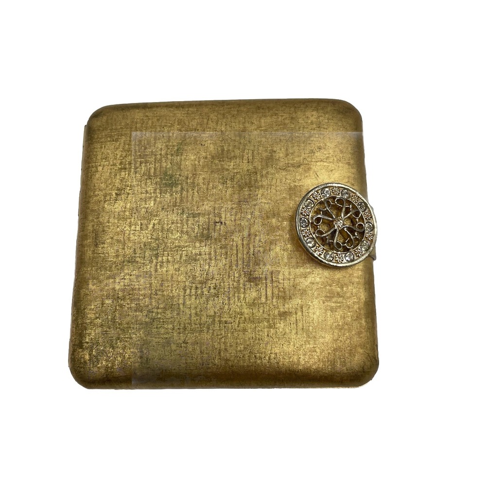 Vintage Gold Tone Metal Rhinestone Clasp Mirror Powder Compact Box Avon Imperial